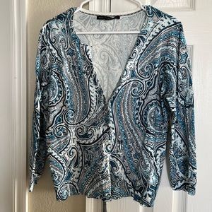 WHBM cardigan sweater, size L, gray and Turquoise colors.